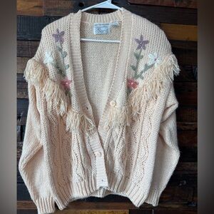 Vintage 80s 90s Hand Knit Cardigan Sarit Floral Embroidered Fringe Cottagecore